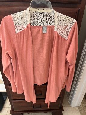made for life Coral Pink Lace-Shoulder Open Cardigan